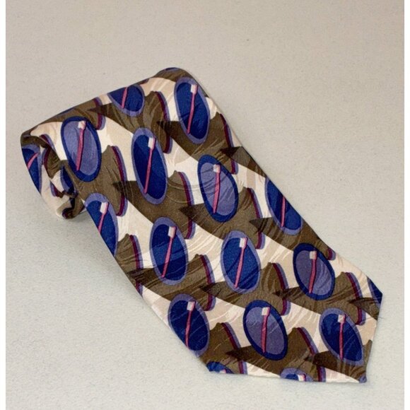 Vintage Henry Schein Dentist Dental Silk Tie Toothbrush Olive Green Blue Pink - Picture 1 of 6